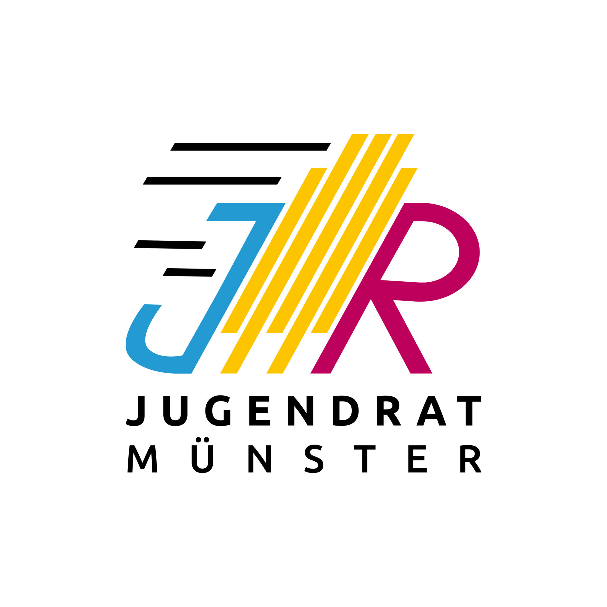 Auf dem Bild ist das Logo des Jugendrats abgebildet. Das Logo besteht aus den Buchstaben J und R in gelb und rot. In der Mitte ist in gelb das Rathausgebäude angedeutet. Darunter steht Jugendrat Münster.